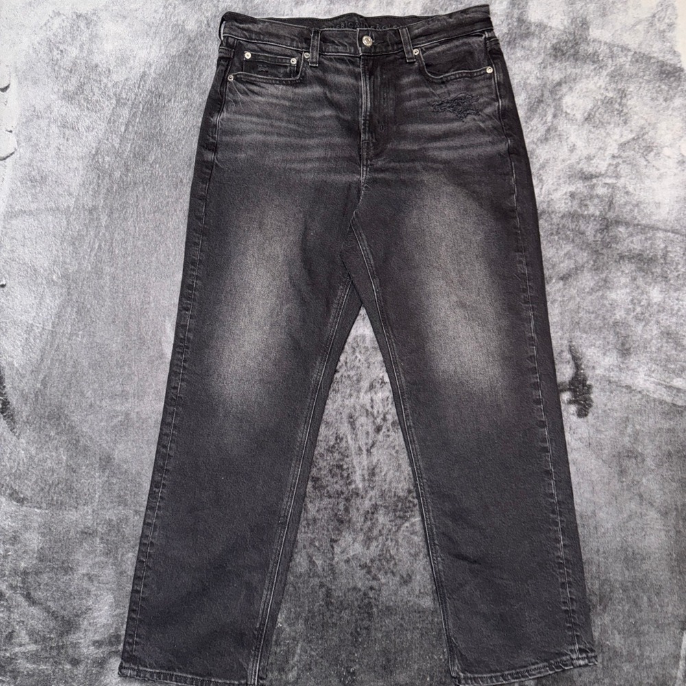 American Eagle Super High Rise Ankle Straight Jeans Faded Black Denim Womens 12